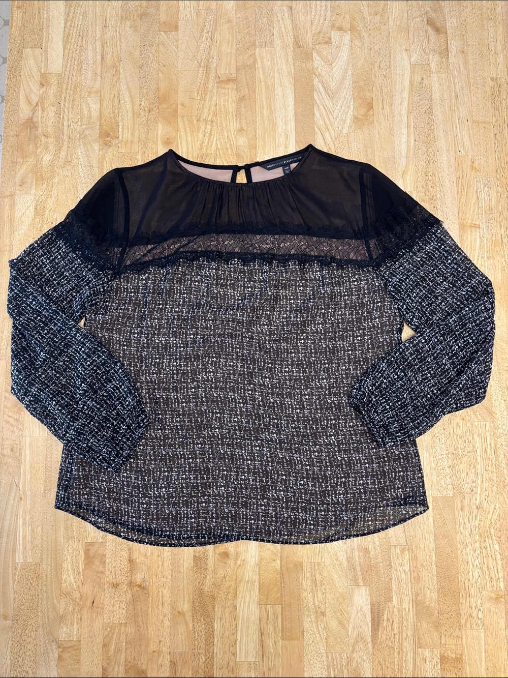 NWT White House Black Market Sheer Mesh Yoke Lace Tweed Print Blouse Top
